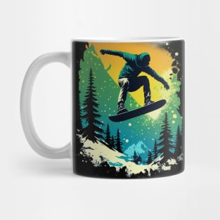 Snowboarder Catching Air with Mountains Trees Snowboarding Mug